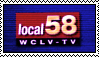 A Stamp with the logo for the channel local 58 wclv.tv on a blue background